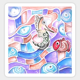 Cute Watercolor Seahorse and Red Fish Sticker